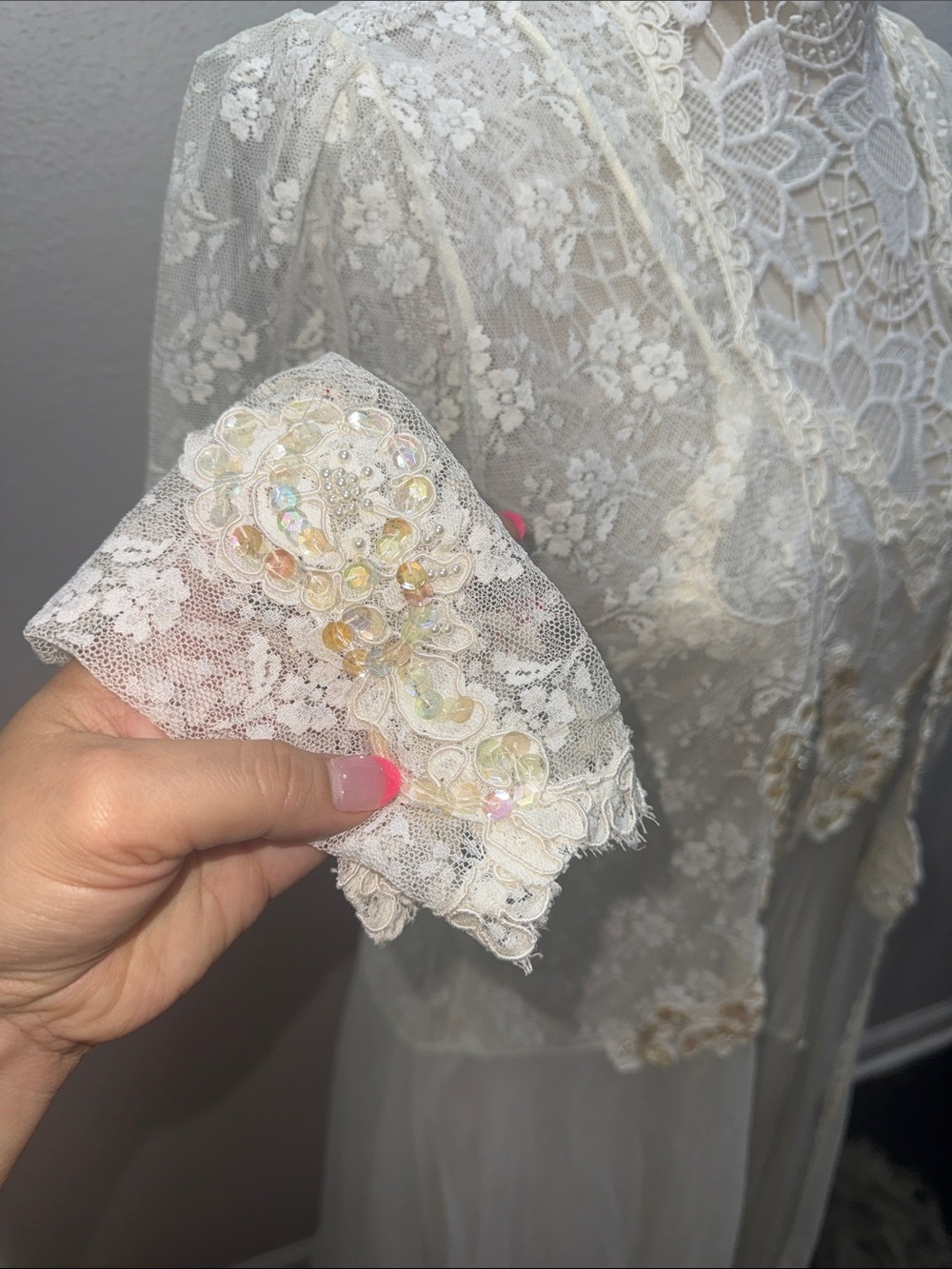 Vintage 70s Victoria's Secret Ivory Lace & Chiffon Long Chemise - Picture 4 of 11